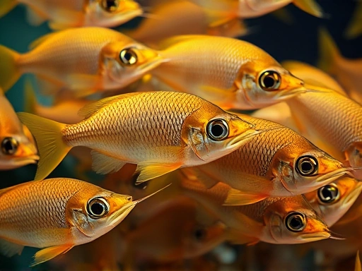 Close-up view of a small group of active barb fish demonstrating their schooling behavior, with intricate scale details and bright coloration, emphasizing the importance of minimum numbers for their well-being.