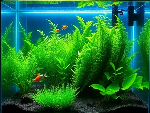 A vibrant, well-lit aquarium with lush green aquatic plants like Anubias and Java moss, clean water, and a few small, colorful fish, creating a peaceful underwater scene for beginners.