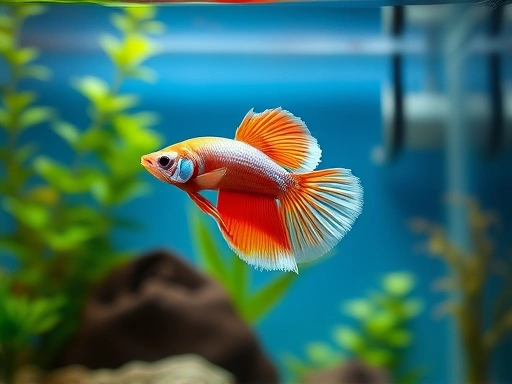 A vibrant, healthy male Betta fish gracefully swimming in a clean, well-planted aquarium, with appropriate filtration and heating visible. The scene should convey a sense of peaceful and thriving aquatic life, highlighting proper Betta care.
