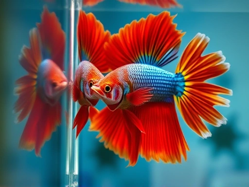 A close-up shot of a male Betta fish flaring its fins aggressively at its own reflection in the aquarium glass, showcasing its strong territorial instinct and vibrant colors. Focus on the details of its fins and scales. Keywords: Betta flaring, territorial instinct, Betta aggression.