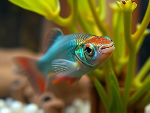 A close-up shot of a Betta fish interacting with its environment, possibly hiding in a plant or curiously observing a decoration. The image should subtly convey different Betta fish personalities (e.g., curious, shy, active) through its posture or interaction, focusing on eye detail and fin texture.