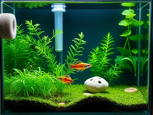 A meticulously set up breeding aquarium with a clear glass tank, lush green Java moss and other fine-leaf aquatic plants providing hiding spots, a gentle sponge filter visible, and a pair of healthy, vibrant adult fish (like guppies) in a calm and clean environment. The scene emphasizes nurturing and preparation for new life.