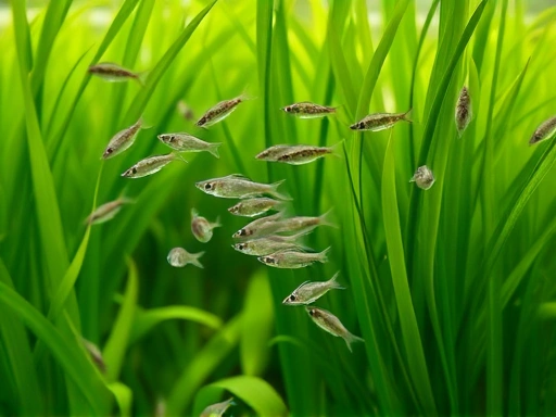 Close-up of a group of tiny, translucent fish fry swimming among dense green aquatic plants in a well-maintained breeding tank. The fry are barely visible, highlighting their vulnerability and the importance of their hiding spots. Soft, natural light illuminates the tank, showing fine details of their environment.