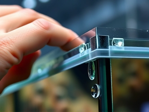 A close-up shot of a person's hand carefully inspecting the silicone seals of an aquarium, with water drops visible near a corner, under bright, focused lighting to show detail.