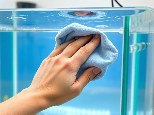 A close-up shot of a hand gently cleaning the interior of an acrylic aquarium with a soft microfiber cloth, highlighting the smooth, unscratched surface and sparkling water inside.