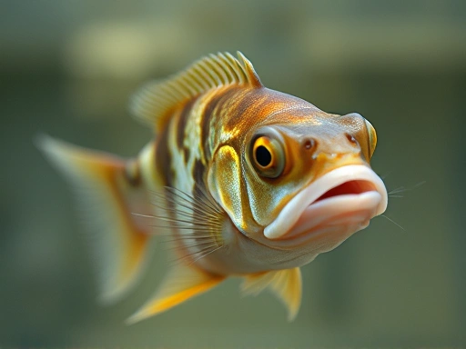 A close-up shot of a stressed fish showing common symptoms like clamped fins, faded colors, and rapid gill movement, possibly hiding or lethargic, in a slightly murky or bare tank background.