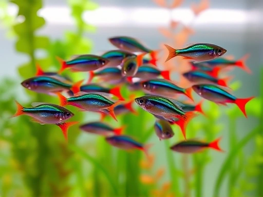 A detailed close-up shot of several Neon Tetras and Cardinal Tetras schooling together in a clear, well-lit freshwater aquarium, highlighting their iridescent blue and red stripes and peaceful behavior in a planted tank environment.