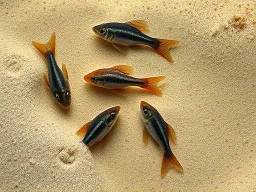 A detailed top-down view of a sandy aquarium substrate with several Corydoras aeneus actively sifting through the sand, their barbels visible, suggesting natural bottom-dwelling behavior in a clear water environment, with soft lighting highlighting the sand movement.