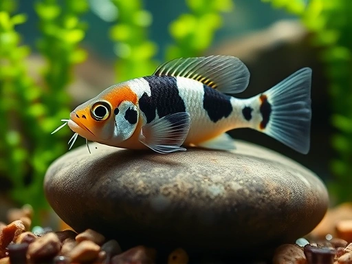 A close-up shot of a Corydoras panda resting peacefully on a smooth, rounded river stone amidst green aquatic plants at the bottom of an aquarium, showcasing its distinctive eye patch and barbels, with a soft blur in the background to emphasize the fish.