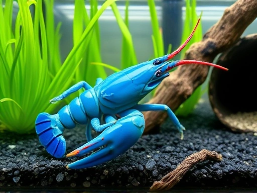 A vibrant blue crayfish in a clear freshwater aquarium, with lush green plants, clean gravel, and a visible hiding cave. The crayfish is actively moving, showing its healthy exoskeleton and antennae, suggesting good water quality and suitable habitat. This image conveys a sense of thriving aquatic life.
