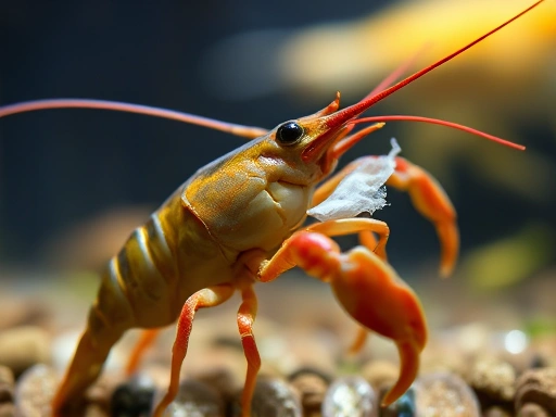 A close-up shot of a crayfish during its molting process, with a slightly detached or soft exoskeleton visible near its back, perhaps still attached to the old shell. Focus on the delicate transition, emphasizing the vulnerability and the need for proper care. The background is a blurred aquarium environment.