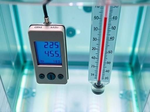 A high-angle shot comparing two different types of underwater thermometers side by side, one digital with a clear numerical display, and one analog with a mercury or alcohol column, both submerged in a clear glass aquarium filled with water. The focus is on showing the contrast in their display and form factor.