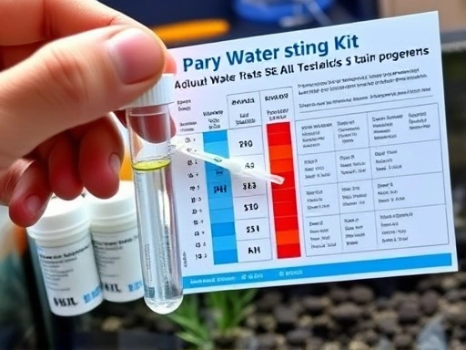A close-up shot of an aquarium water testing kit with a person's hand holding a test tube, showing various chemical reagents and color charts for measuring pH, GH, KH, and nitrates, with SEO keywords like 'water testing,' 'aquarium,' 'Discus fish,' 'parameters,' and 'chemistry.'
