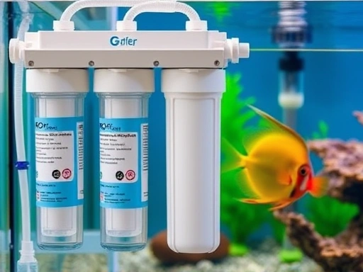 A detailed shot of a reverse osmosis (RO) water filter system connected to an aquarium setup, highlighting the filtration cartridges and water tubes, with SEO keywords like 'RO filter,' 'aquarium system,' 'pure water,' 'Discus fish keeping,' and 'filtration technology.'