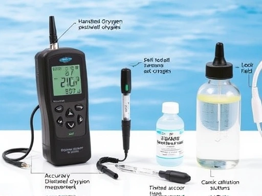 A detailed image showing various dissolved oxygen measurement equipment such as a handheld DO meter, electrodes, and calibration solutions, highlighting accuracy and usability in a lab or field setting with clean water.