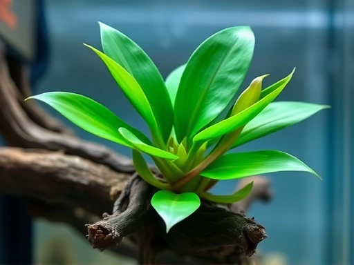 Close-up view of a beginner-friendly Anubias Nana plant attached to a small driftwood, showing its healthy, deep green leaves and new growth, with clear water in the background.