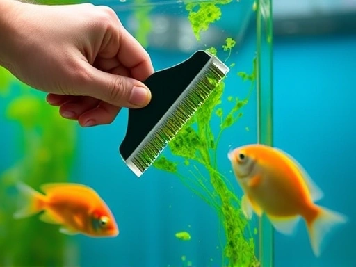 Close-up of a hand using an algae scraper to clean the glass of an aquarium, with fish swimming nearby, highlighting the manual removal process.