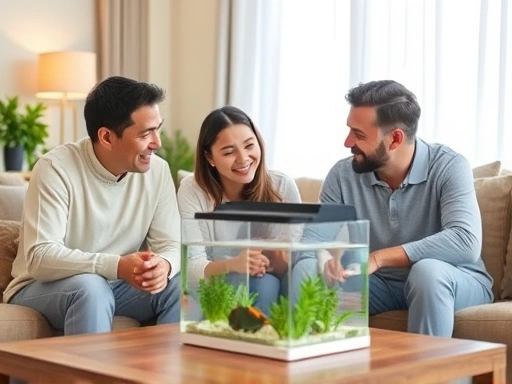 A happy family sitting together in a living room, discussing a small, clean fish tank on a table, with visible consent and engagement, bright and warm lighting.