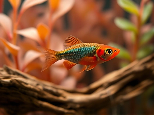 Close-up of a fire tetra with its striking red coloration, swimming amidst soft, leafy aquatic plants and a piece of natural submerged wood, highlighting the tranquil aquarium environment.