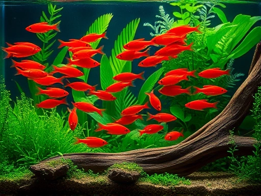 A vibrant group of fire tetras with bright red bodies schooling in a well-planted freshwater aquarium, showcasing lush green plants and natural driftwood for a serene underwater scene.