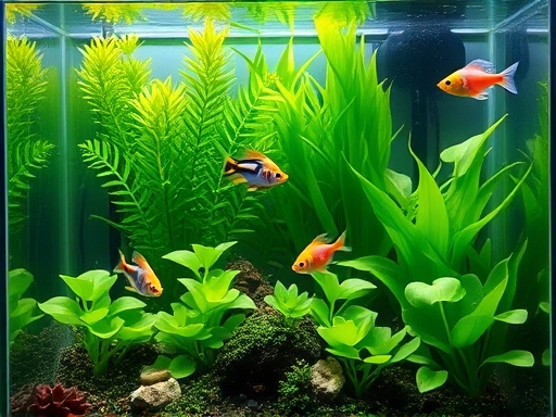 A detailed, clear image of a small, vibrant aquarium setup, showcasing lush green plants, clean water, and a few colorful beginner fish like Guppies and Neon Tetras swimming peacefully. Focus on the overall harmonious ecosystem.
