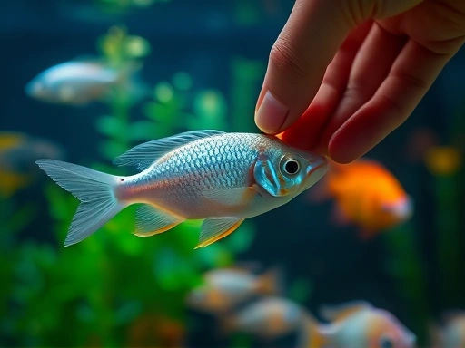 A close-up of a new fish being gently introduced into an aquarium, with a blurred background of aquatic plants and existing fish, highlighting the careful process and the serene underwater environment.