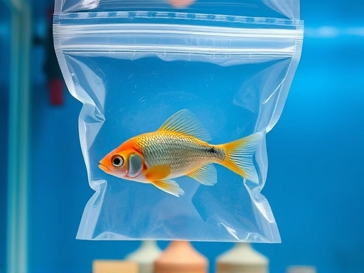 A detailed shot of a transparent plastic bag containing a small, colorful fish floating on the surface of an aquarium, illustrating the temperature acclimation step with diffused light from above.