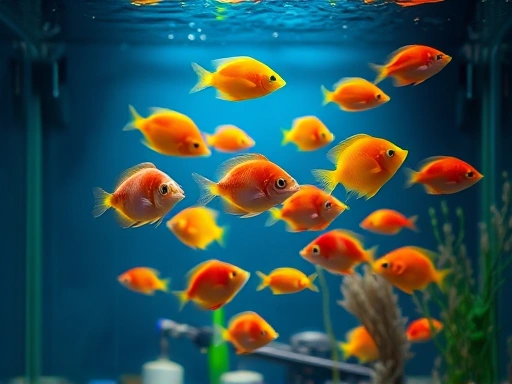 A detailed, brightly lit aquarium with healthy, colorful fish swimming calmly, representing a stable and thriving environment, with focus on the overall tank setup.
