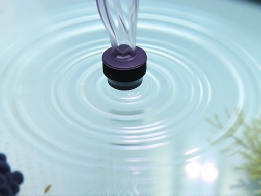 A close-up shot of an aquarium's water surface with a small, efficient surface skimmer actively removing biofilm, showing a pristine, clear water surface, with gentle water flow from a filter output creating ripples.