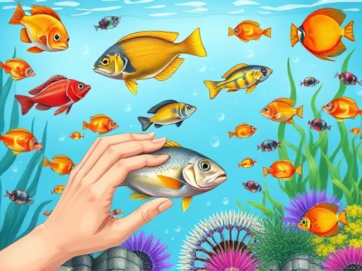 A detailed illustration of a vibrant aquarium with various fish species exhibiting normal behaviors, emphasizing a healthy and clean environment, with a hand gently observing a fish in the foreground, vibrant colors, clear water. Focus on the interaction and the overall healthy ecosystem.