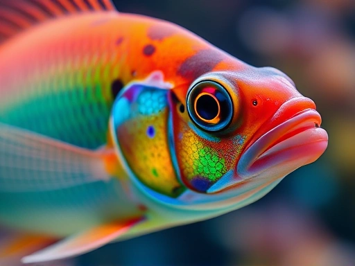 A close-up of a vibrant fish in an aquarium, with visible chromatophores on its skin, illustrating the biological mechanisms of color change.