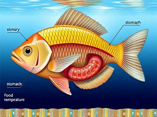 A detailed diagram of a fish's digestive system with arrows showing food passage, focusing on the stomach and intestines. Include elements like water temperature, food particles, and a healthy, calm fish in a clean aquarium.