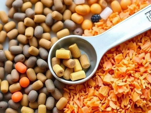 Close-up shot of various types of fish food pellets and flakes, some floating and some sinking, with a small measuring spoon. Emphasize proper portion control and different food sizes.