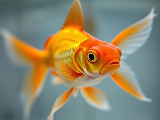 A close-up shot of a healthy vibrant goldfish swimming gracefully in clear water, with subtle lighting emphasizing its scales, representing the goal of fish health. Focus on detailed fins and bright eyes with SEO keywords: fish health, healthy fish, goldfish. 