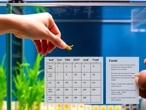 A detailed, clear image of an aquarium setup, showing a simple feeding schedule chart or calendar. A hand is gently adding a small, controlled amount of fish food. Emphasize the clean water and well-maintained environment, illustrating responsible fish fasting guide and care.