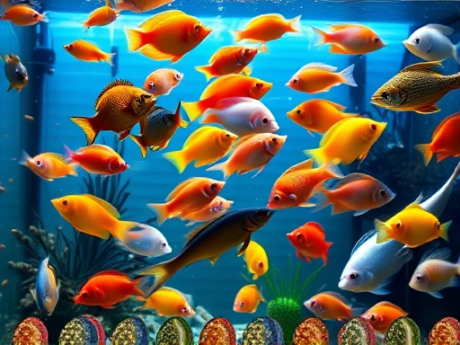 A high-angle shot of a vibrant home aquarium with various fish species swimming gracefully, showcasing diverse colors and sizes, with specialized fish food pellets visible floating on the water surface and sinking to the bottom, illustrating different feed types. Focus on healthy, active fish.