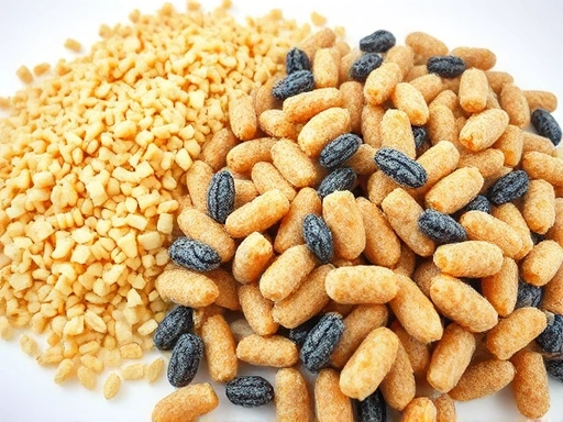 A close-up view of various types of fish feed: small flakes, sinking pellets, and freeze-dried krill, displayed on a clean background to highlight their textures and forms. Emphasize the quality and variety of ingredients, with a subtle aquatic theme in the background.