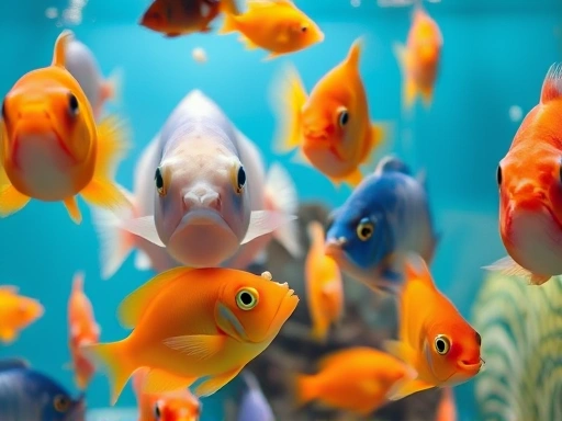 A close-up shot of various colorful aquarium fish actively feeding on small flakes in a clean, well-lit fish tank, showing healthy, vibrant fish and clear water, focusing on fish activity and feeding. Keywords: fish feeding, aquarium, healthy fish, water quality, fish tank.
