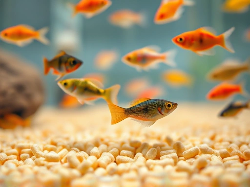 A close-up shot of small, colorful fish actively feeding on small pellets in a clean aquarium, showing their energetic behavior and the appropriate amount of food for optimal fish health and feeding habits.