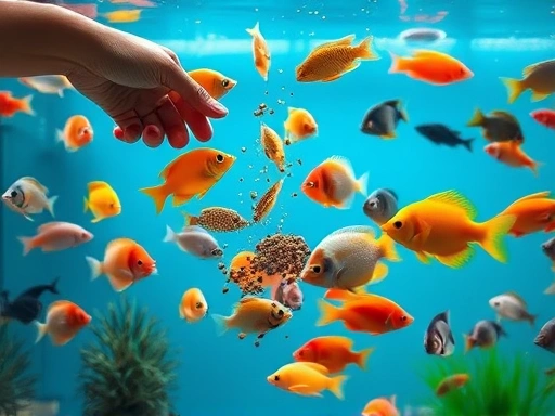 A vibrant, healthy fish tank with various fish species swimming gracefully, with a hand gently sprinkling fish food into the clear water, emphasizing proper fish care and nutrition.