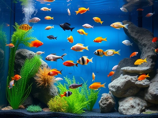 An aquarium with diverse fish species swimming peacefully, vibrant aquatic plants, and natural rock formations, illustrating a harmonious fish tank environment with good hideouts. Focus on clarity and diverse fish species.