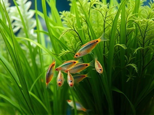 Close-up view of a small group of fish, possibly neon tetras, schooling calmly near a dense cluster of aquatic plants, emphasizing a safe and harmonious hiding spot in an aquarium, with soft light. Focus on fish details and lush plants.