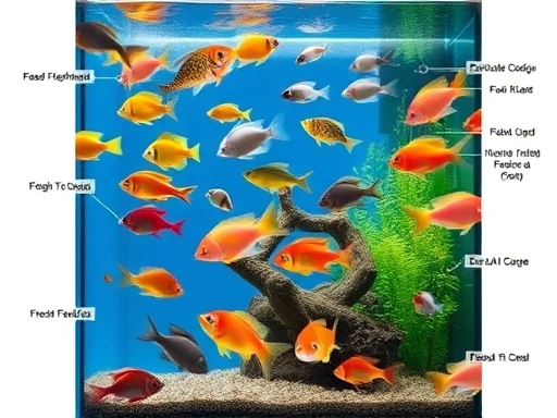 A vibrant freshwater aquarium featuring various fish species of different sizes, with multiple feeding zones and clear water, illustrating balanced feeding and thriving aquatic life.