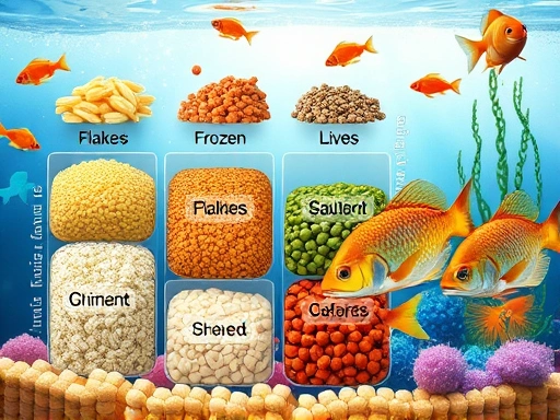 A detailed, visually appealing illustration showing various types of fish food (flakes, pellets, frozen, live) categorized, with a small, healthy fish swimming nearby in a vibrant aquarium setting, highlighting the diversity and importance of fish nutrition.