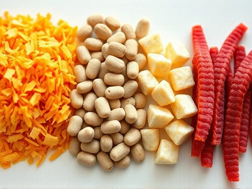 A close-up, highly detailed photograph of different forms of fish food (crisp flakes, distinct pellets, freeze-dried cubes, bloodworms) side-by-side on a clean, light surface, emphasizing their texture and individual characteristics, suitable for a product comparison.