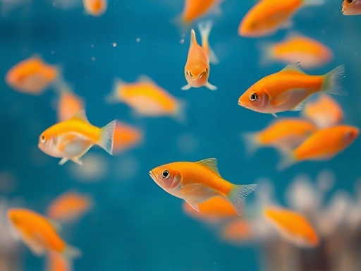 A detailed close-up shot of small, healthy fish fry swimming actively in a clear aquarium, with tiny food particles visible in the water, illustrating proper feeding for growth. Focus on vibrant colors and clear water quality, with SEO keywords fish fry food, growth nutrition, and aquarium care.