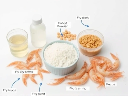 A macro shot of different types of fish fry food, including liquid, powder, and live brine shrimp, laid out on a clean white surface with clear labels, emphasizing variety and texture. Include SEO keywords specialized fry diet, fish development, and early fish care.