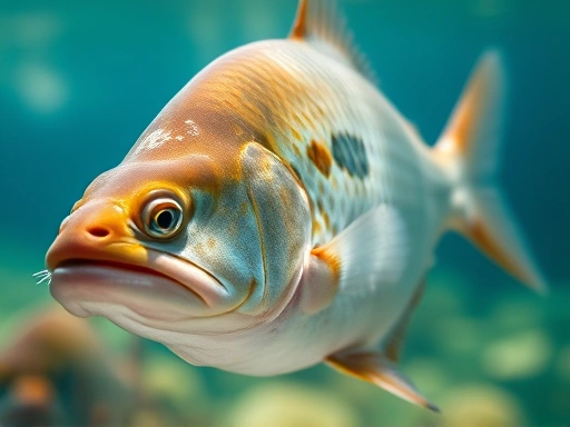 A close-up shot of a healthy fish with bright scales and clear eyes, swimming gracefully in pristine water. The image should highlight specific details like fins, gills, and overall body condition, conveying health and vitality.