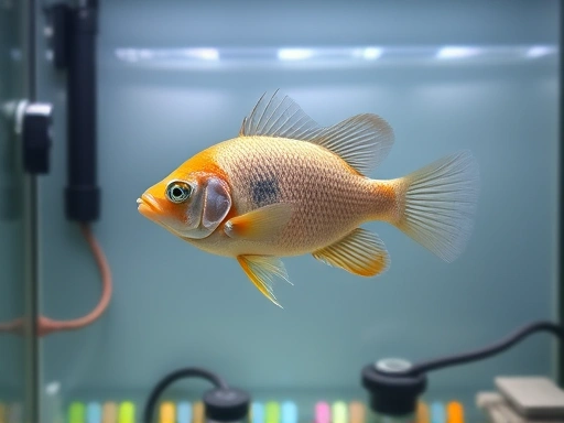 A fish thriving in a perfectly temperature-controlled aquarium, with a discreet heater and filtration system visible, showcasing a serene and ideal aquatic habitat.