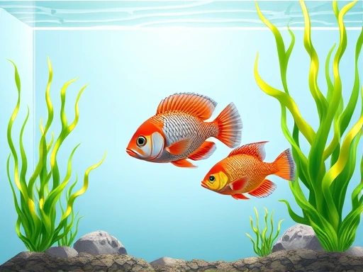 A detailed illustration of a fish aquarium with a clear glass tank, vibrant green aquatic plants, and a few healthy, colorful fish swimming calmly. Focus on the peaceful environment, emphasizing good fish health. Use soft, natural lighting.